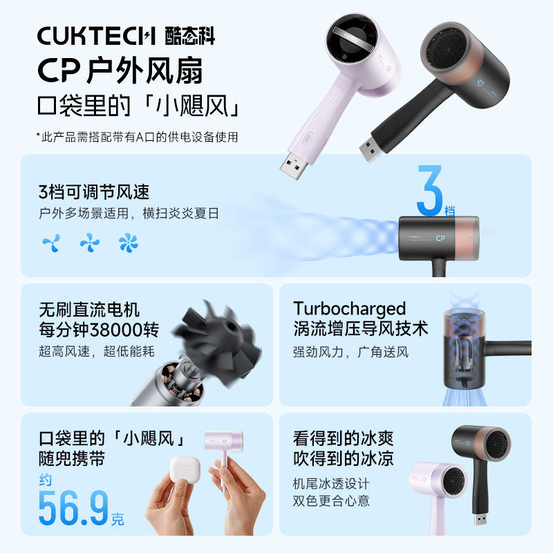 CUKTECH酷态科CP超强力户外手持小风扇2025新款迷你学生宿舍办公室便携桌面USB接口小型暴力电风扇