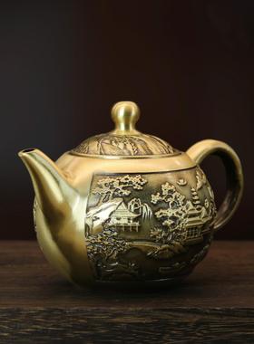 黄铜仿古拉丝钱壶茶壶龙凤壶工艺品办公室家居装饰创意摆件