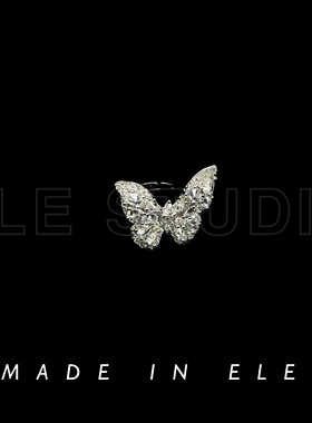 蝴蝶满钻18k白金开口女戒锆石