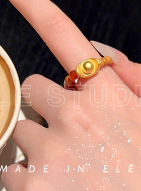 ELE饿了 好运新年小众设计感新中式戒指招财元宝弹力绳串珠戒指