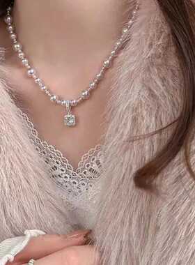 高级感方糖吊坠珍珠项链女新款