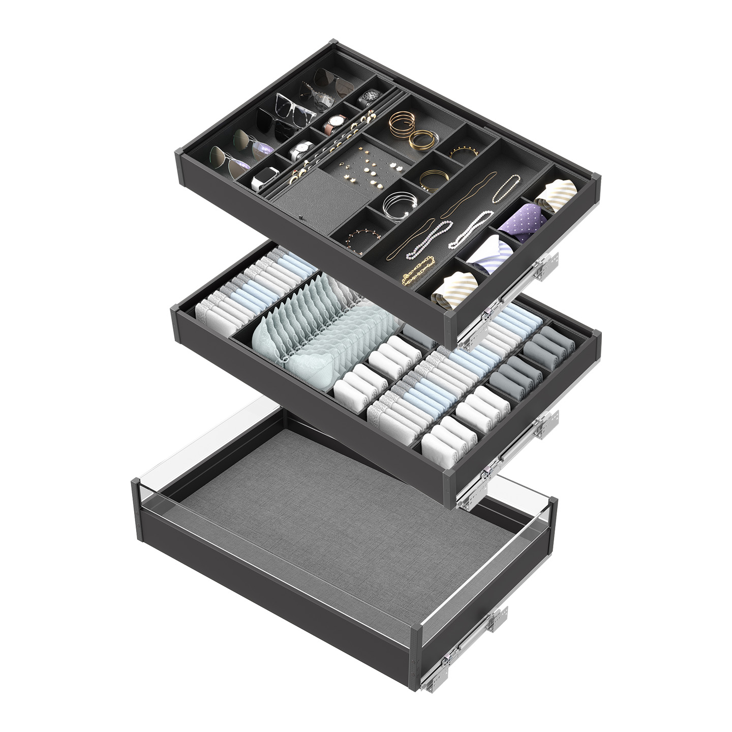 丽索多层衣柜拉篮皮革饰品盒内衣收纳拉篮抽屉式玻璃储物篮53特深 - 图3