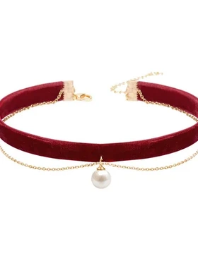 短款锁骨链choker饰品新娘颈链酒红色礼服流苏项圈项链珍珠女