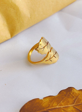 简约钛钢戒指女叶子18k金色小众高级感冷淡风韩版指环网红潮饰品