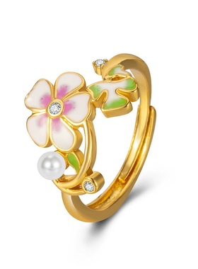 新款夕颜花桃花戒指女时尚轻奢风珐琅粉色花朵开口指环厂家批发