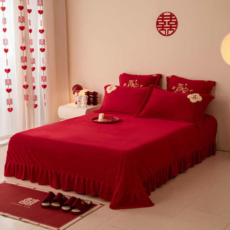 牛奶绒结婚四件套冬季珊瑚绒婚庆床上用品大红色刺绣被套女方陪嫁,淘宝优惠券,粉丝福利购,淘宝优惠卷