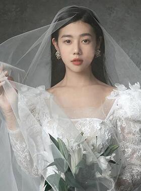蕾丝主婚纱新娘结婚领证超大拖尾长头饰头纱素纱软纱婚礼拍照道具