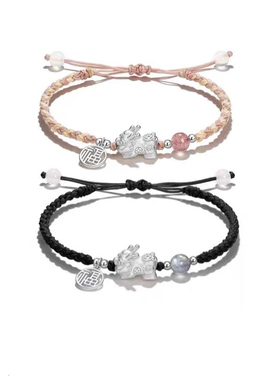 足银招财送福貔貅国潮风情手链编织男女转运珠情侣手绳新款时尚