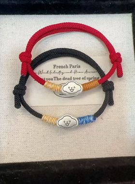 足银999快乐小狗开心小金毛饼干小白纯银转运珠红绳手工编绳通孔