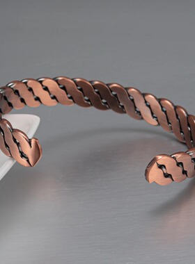 纯红铜实心手镯复古波浪设计全铜招财男士镯子磁疗缓解疲劳首饰