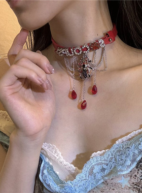 哥特辣妹红蜘蛛流苏项链