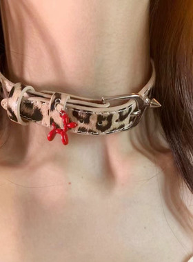 Y2K豹纹马毛气球小狗项圈可调