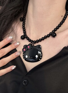 黑色串珠kitty猫吊坠锁骨链女
