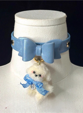 粉蓝闪皮蝴蝶结毛绒小狗项圈