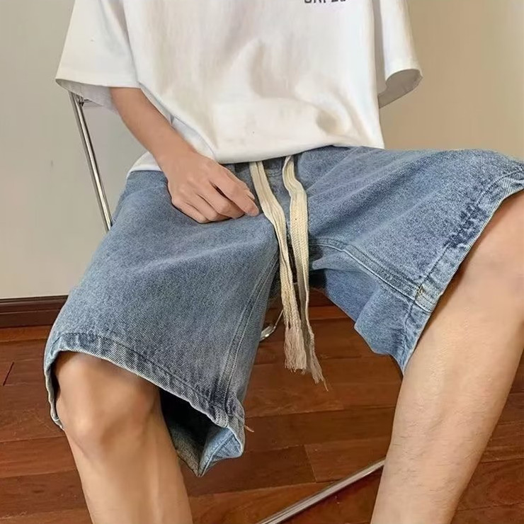 复古牛仔短裤男士纯色夏季宽松休闲青少年系绳学生百搭五分七分_草莓屋 女孩_男装-第4张图片-提都小院