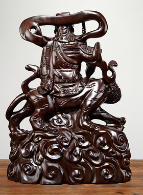 黑檀木雕骑虎赵公明神像摆件实木武财神佛像红木五路财神供奉雕刻
