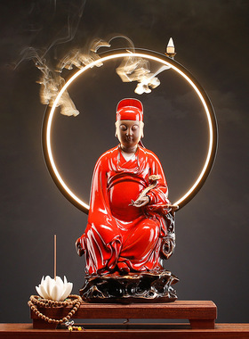 陶瓷文昌帝君神像供奉灯圈摆件家用文曲星像倒流香炉茶室禅意装饰