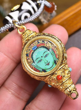 纯手工编织绳毛衣链可调节藏式文玩小唐卡绿度母宝螺吊坠复古项链