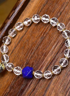 纯天然白水晶切面手串单圈青金石玛瑙天珠配饰文玩佛珠刻面手链