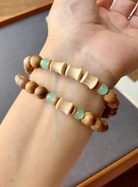 新款设计绿檀双圈手链搭配金丝竹竹节绿东陵橄榄隔片文玩饰品