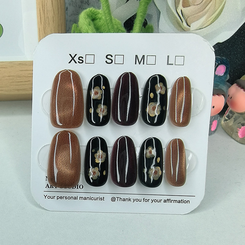手工花朵穿戴甲短款美甲贴片黑棕色显白指甲贴片2025年新款假指甲,淘宝优惠券,粉丝福利购,淘宝优惠卷