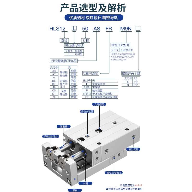 气动HLS直线带导轨滑台气缸MXS6/8/12/16/20-10-30-40-50-75-100S - 图2