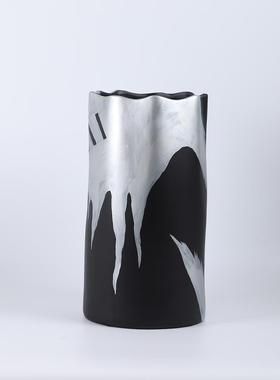 新中式水墨白手黑树脂花花器玄关客厅插瓶花样板间餐桌软GEQ装绘
