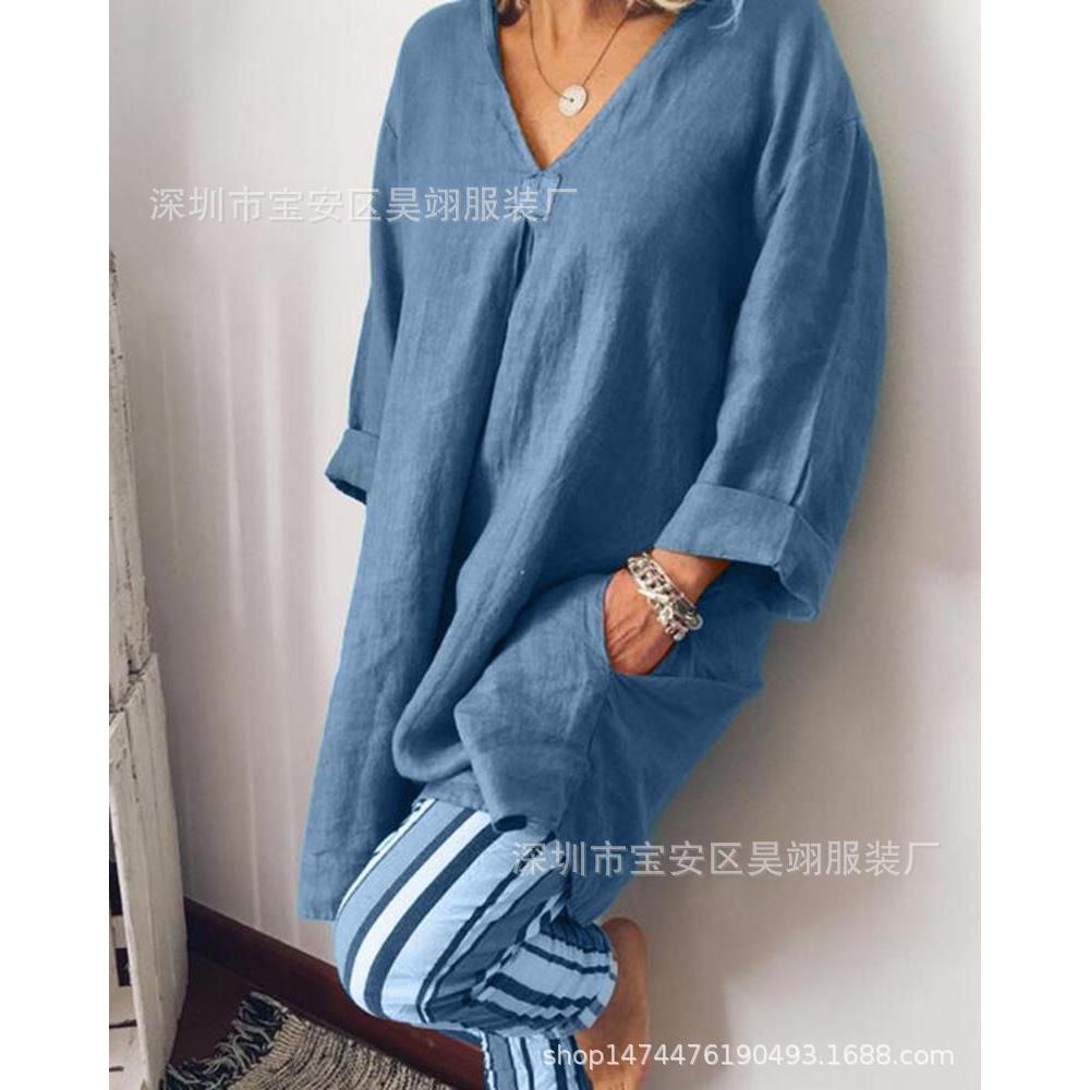 Womens medium-length shirt T-shirt V-neck top striped - 图1