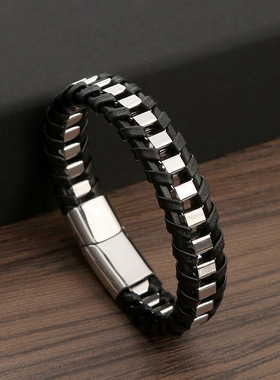 Genuine Leather Chain Bracelet for Men Magnetic Stainless St