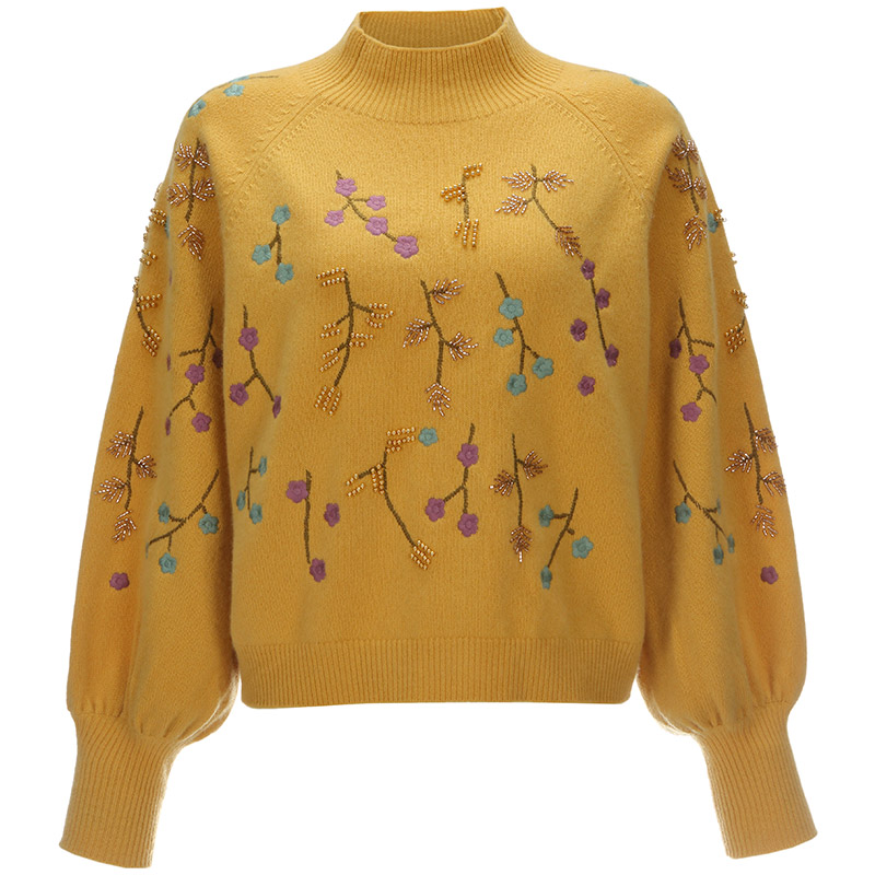 羚荌渼短款宽松套头通勤风针织毛衣灯笼袖定位绣花半高领羊绒衫女 - 图3