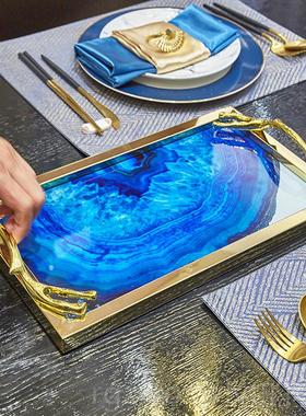 新款轻奢风摆北欧板美式蓝瑙石图案大号托盘 样房玛件客厅茶几收