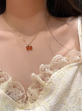 新款S925纯银可爱红色樱桃项链