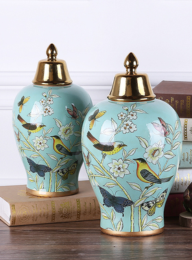 欧式摆件客厅玄关将军罐美式乡村家居装饰品样板房摆件摆设花鸟罐