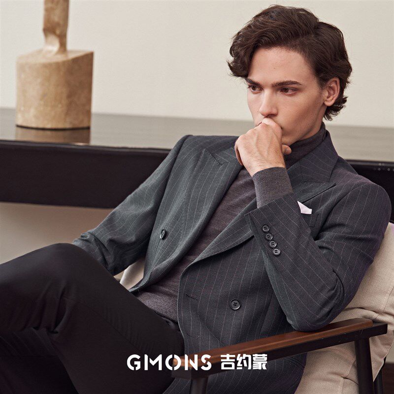 吉约蒙双排扣西装男外套深灰色条纹商务单西新郎结婚礼服西服男,淘宝优惠券,粉丝福利购,淘宝优惠卷