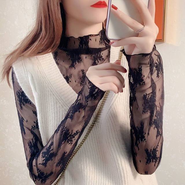 Lace chiffon shirt, fashionable stand collar mesh top