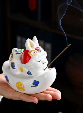 国潮醒狮萌兔白瓷香插茶道禅意线香熏香座创意室内摆件茶宠茶玩批