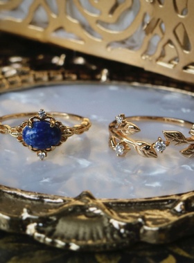 日系《所念皆星河》复古轻奢仿青金石叠戴戒指女款镀金文艺食指戒