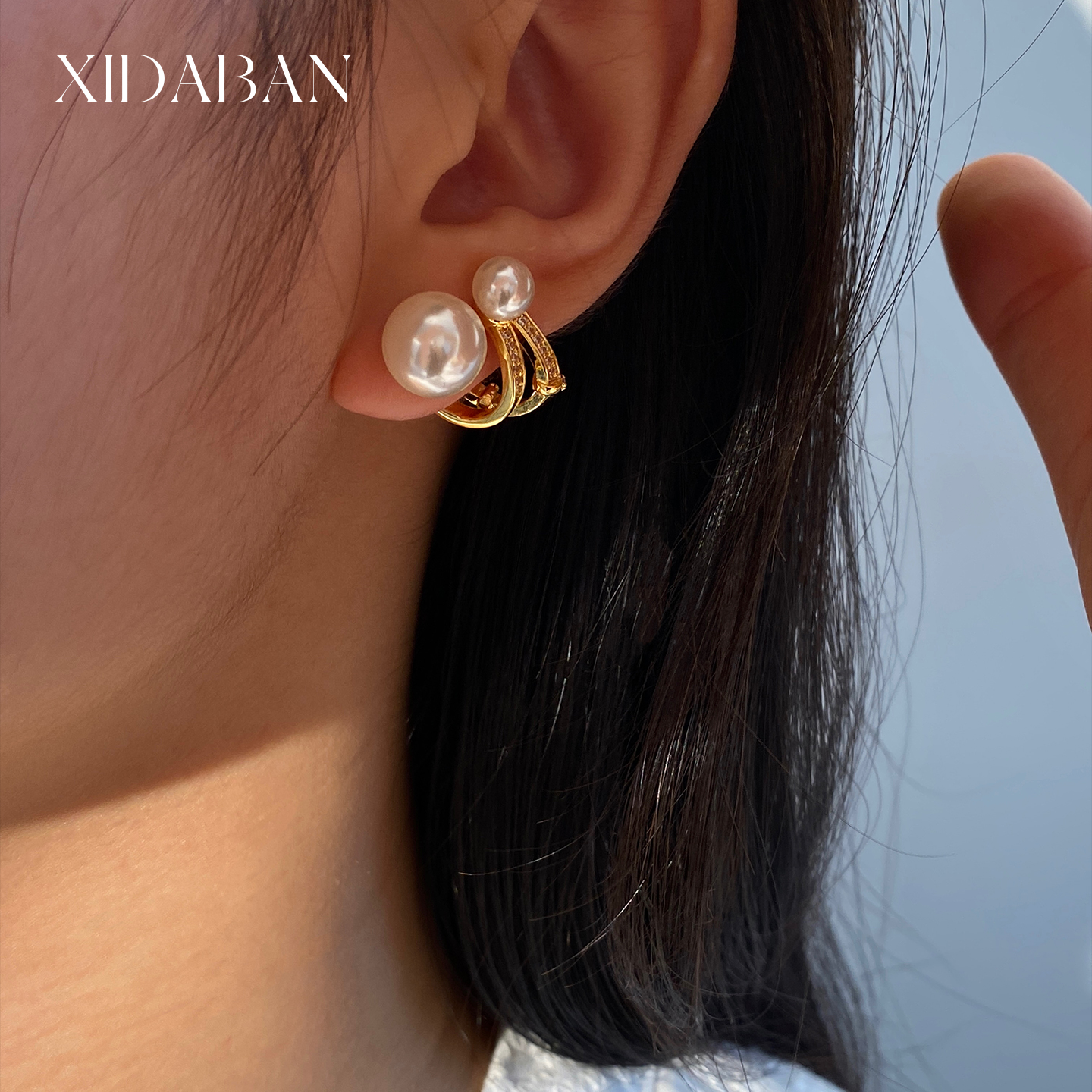 极光正圆珍珠耳环一款两戴式双珠星轨耳钉镶锆小众轻奢2025新爆款 - 图0