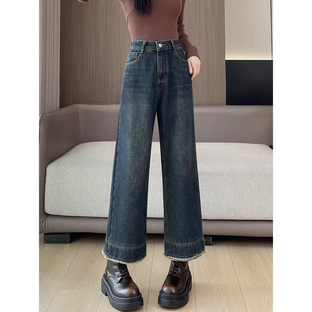 加绒复古高腰休闲毛边阔腿九分牛仔裤女秋冬季宽松显瘦直筒宽腿裤,淘宝优惠券,粉丝福利购,淘宝优惠卷