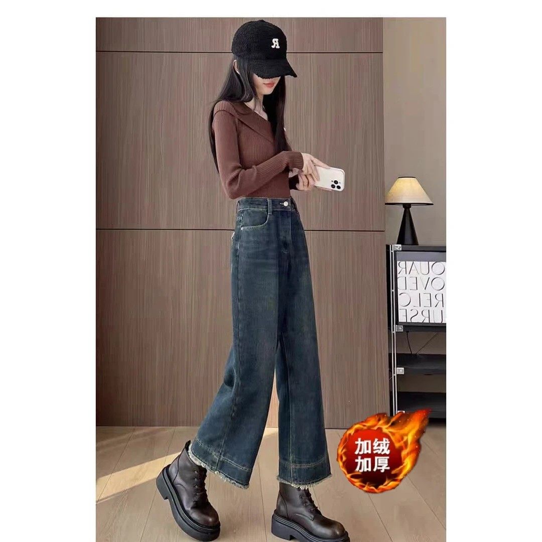 加绒复古高腰休闲毛边阔腿九分牛仔裤女秋冬季宽松显瘦直筒宽腿裤,淘宝优惠券,粉丝福利购,淘宝优惠卷