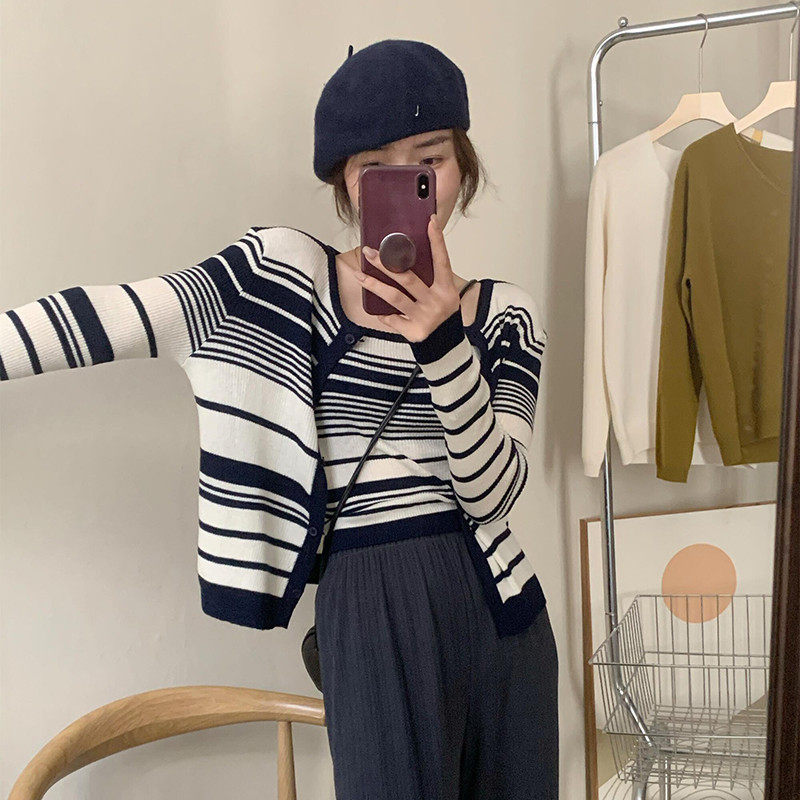 条纹针织吊带开衫两件套女2026春秋新款韩版时尚百搭修身显瘦上衣,淘宝优惠券,粉丝福利购,淘宝优惠卷