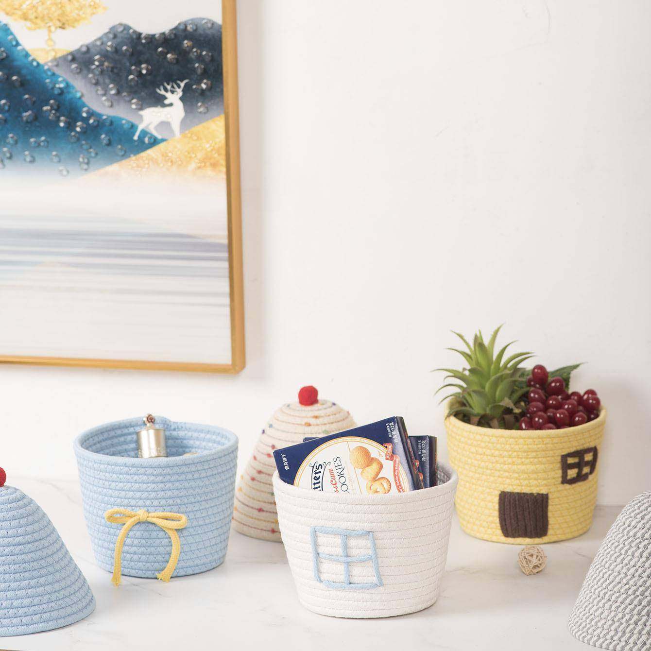 棉线编织创意客厅卧室装饰篮带盖小房子收纳盒ins风儿童房装饰篮,淘宝优惠券,粉丝福利购,淘宝优惠卷