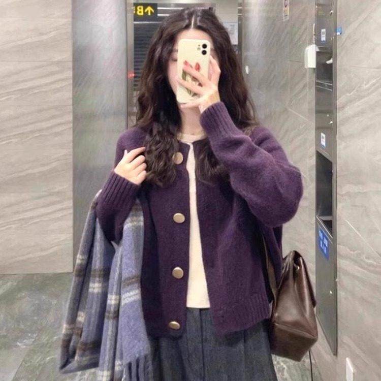 法式rouje damas紫色针织开衫女秋冬加厚浣熊绒短款毛衣外套上衣,淘宝优惠券,粉丝福利购,淘宝优惠卷