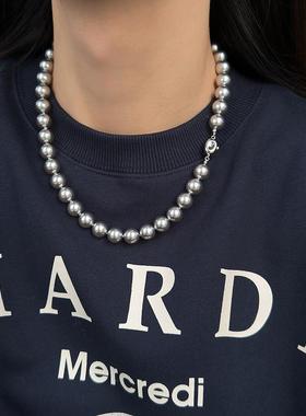 新加坡chomelkinsey灰色珍珠项炼女款2025新款秋冬大颗覆古锁骨炼