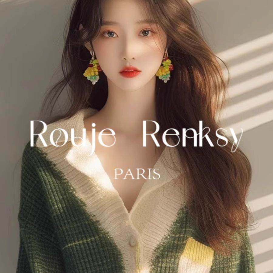 法国rouje renksy高级感绿色拼色V领针织开衫女洋气宽松长袖毛衣,淘宝优惠券,粉丝福利购,淘宝优惠卷