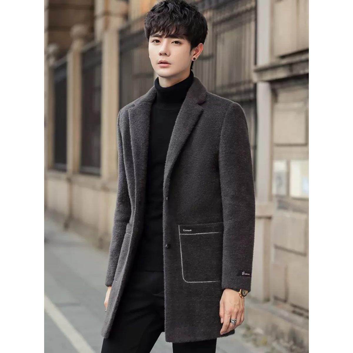 水貂绒毛呢大衣男中长款连帽修身冬季新款男士加厚休闲风衣外套潮,淘宝优惠券,粉丝福利购,淘宝优惠卷