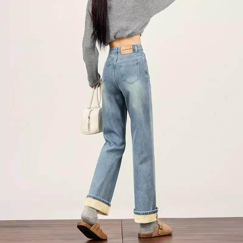 窄版阔腿牛仔裤女2025新款秋冬加绒裤子弹力加厚高腰直筒烟管长裤,淘宝优惠券,粉丝福利购,淘宝优惠卷