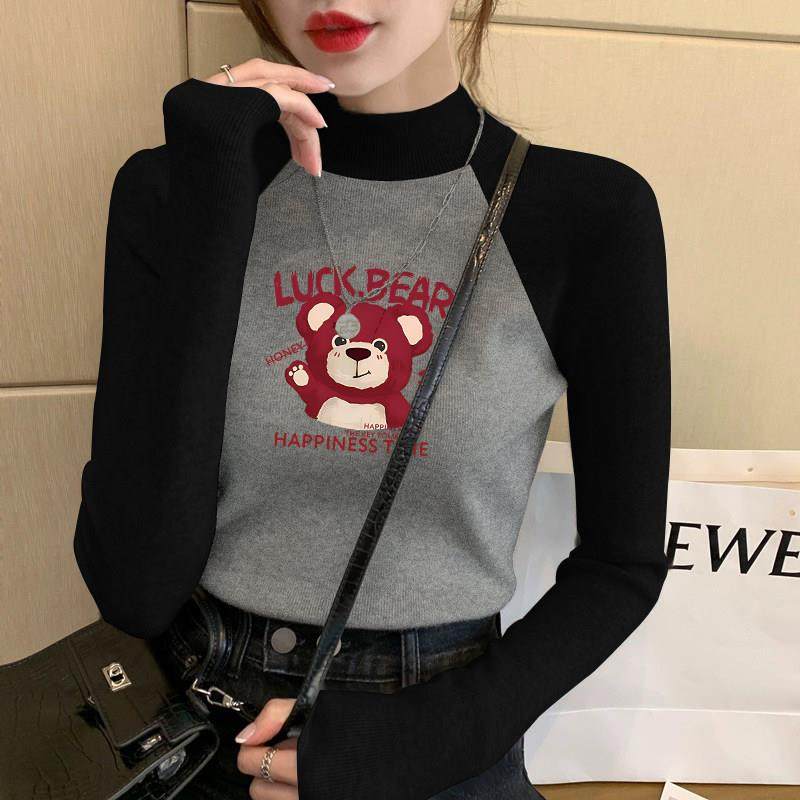 半高领拼接长袖打底衫女士秋冬季2025新款宽松正肩内搭纯棉秋衣,淘宝优惠券,粉丝福利购,淘宝优惠卷