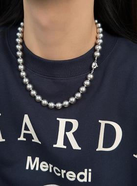 新加坡chomelkinsey灰色珍珠项炼女款2025新款秋冬大颗覆古锁骨炼