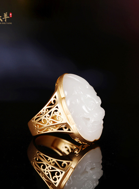 和田玉兽面戒指精品老料18k金玉